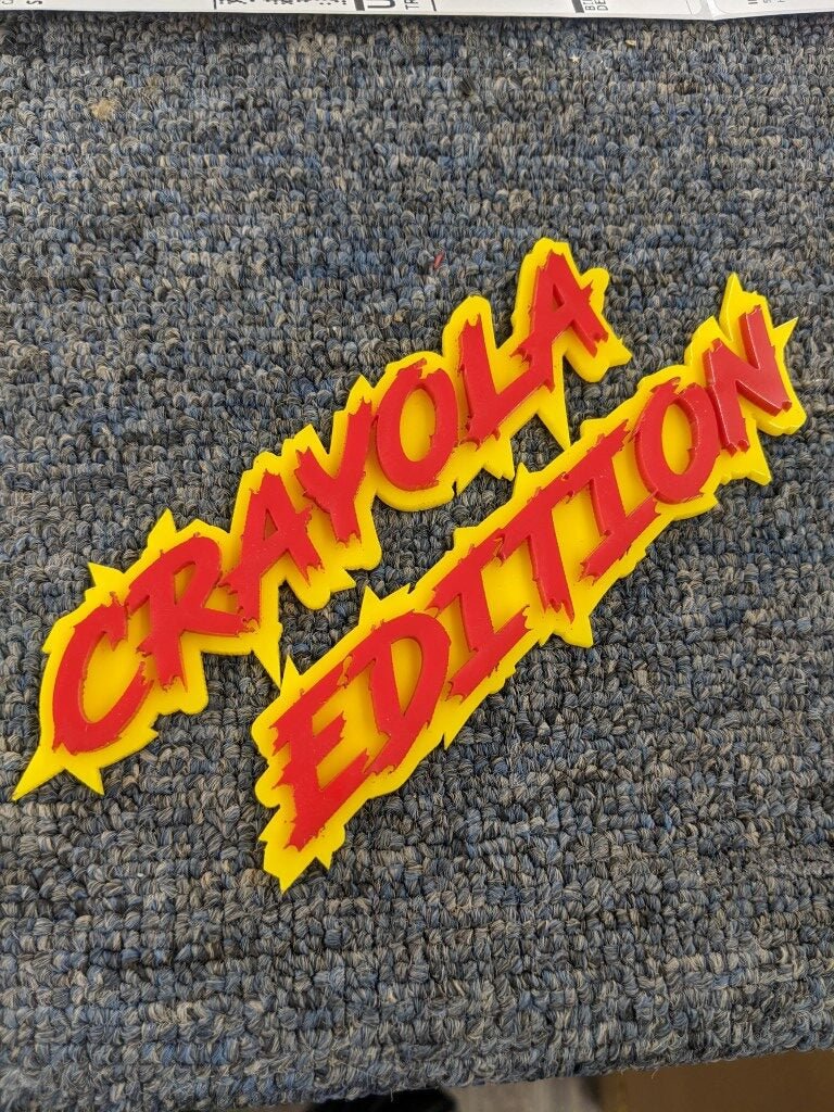 Crayola Edition Car Badge - Red On Yellow - Lightning Font - Atomic Car Concepts