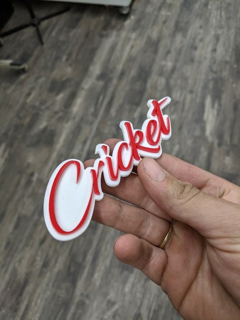 Cricket Car Badge - Red On White - Script Font - Atomic Car Concepts