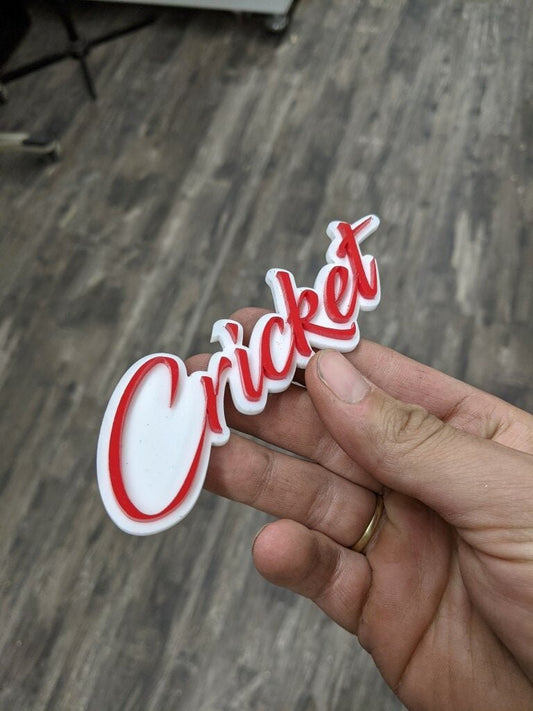 Cricket Car Badge - Red On White - Script Font - Atomic Car Concepts