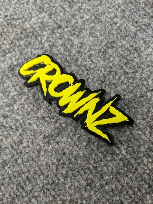 Crownz Car Badge - Yellow On Gloss Black - Aggressive Font - Atomic Car Concepts