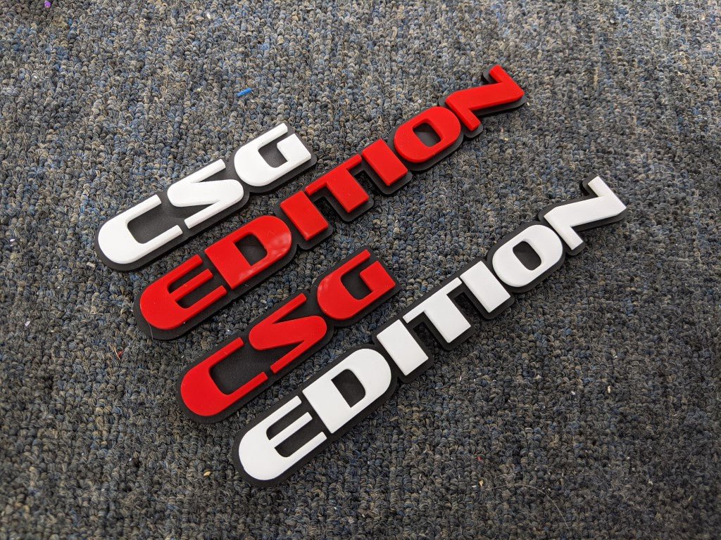 CSG Edition Car Badge - White And Red On Matte Black - OEM Font - Atomic Car Concepts