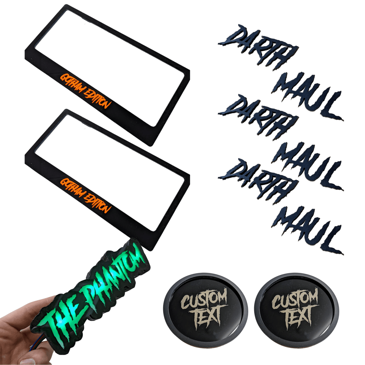 Custom Text Badge Bundle - License Plate Frames, LED Badge, Single Layer Text Badges and Cupholder Bottoms - Atomic Car Concepts