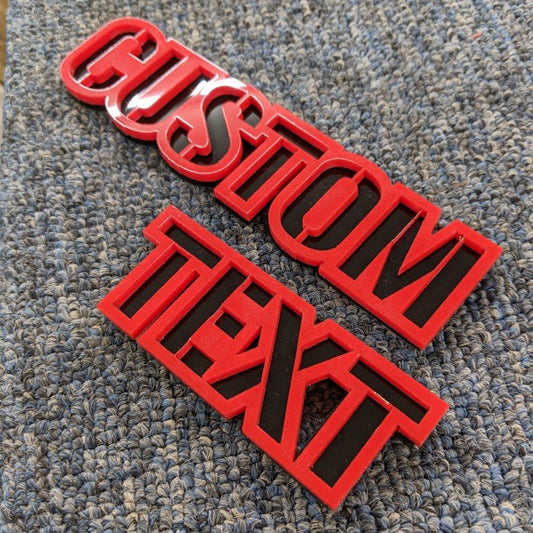 Custom Text Car Badge - Red On Gloss Black - Stencil Font - Tape Mount - Atomic Car Concepts