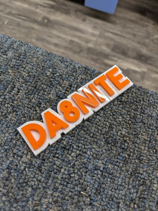 Da8Nite Car Badge - Mirror Orange On White - Block Font - Atomic Car Concepts