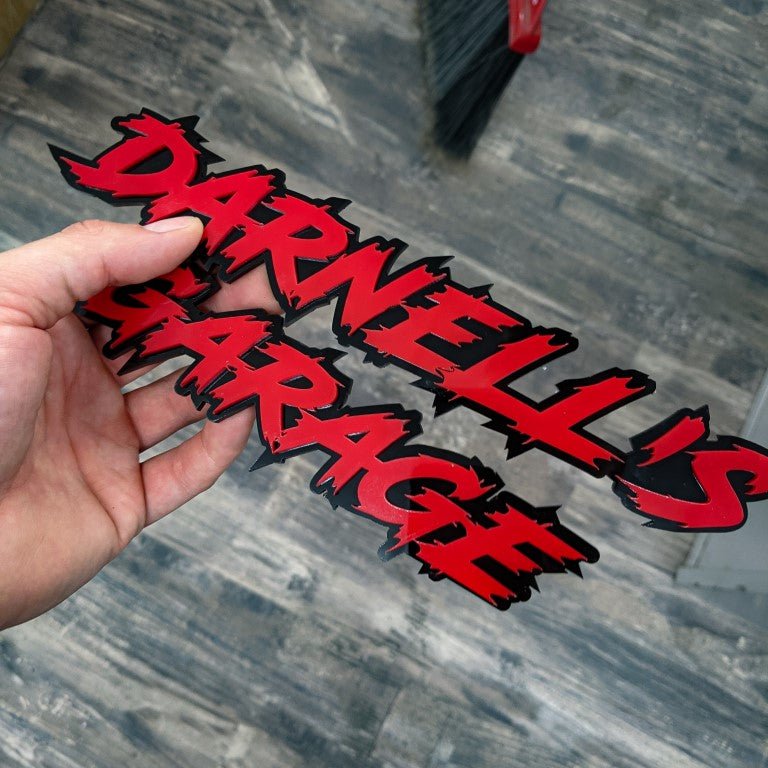 Darnells Garage Car Badge - Red On Gloss Black - Lightning Font - Atomic Car Concepts