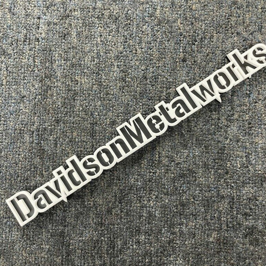 DavidsonMetalWorks Car Badge - White On Matte Black - Stencil Font - Tape Mount - Atomic Car Concepts