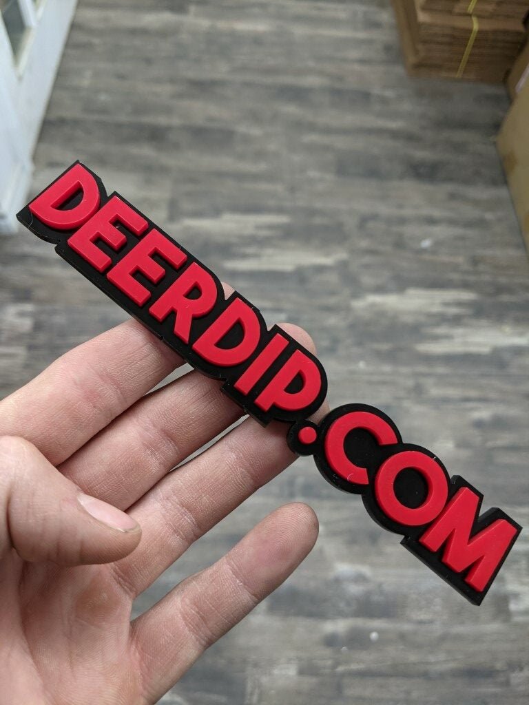 Deerdip.com Car Badge - Red On Gloss Black - Block Font - Atomic Car Concepts