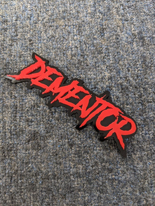 Dementor Car Badge - Red on Gloss Black - Aggressive Font - Atomic Car Concepts