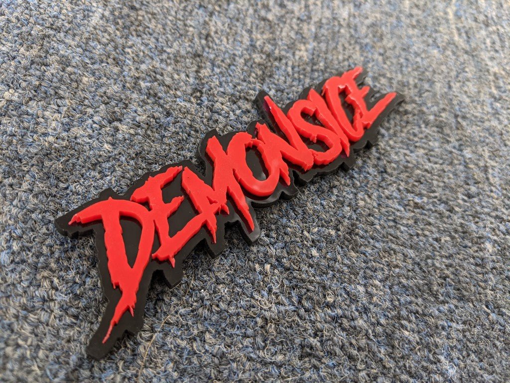 Demonsice Car Badge - Red On Gloss Black - Aggressive Font