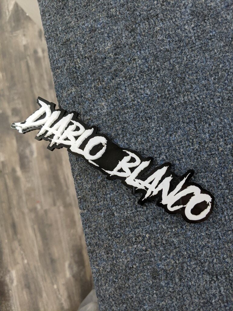 Diablo_Blanco Car Badge - White On Gloss Black - Aggressive Font - Atomic Car Concepts