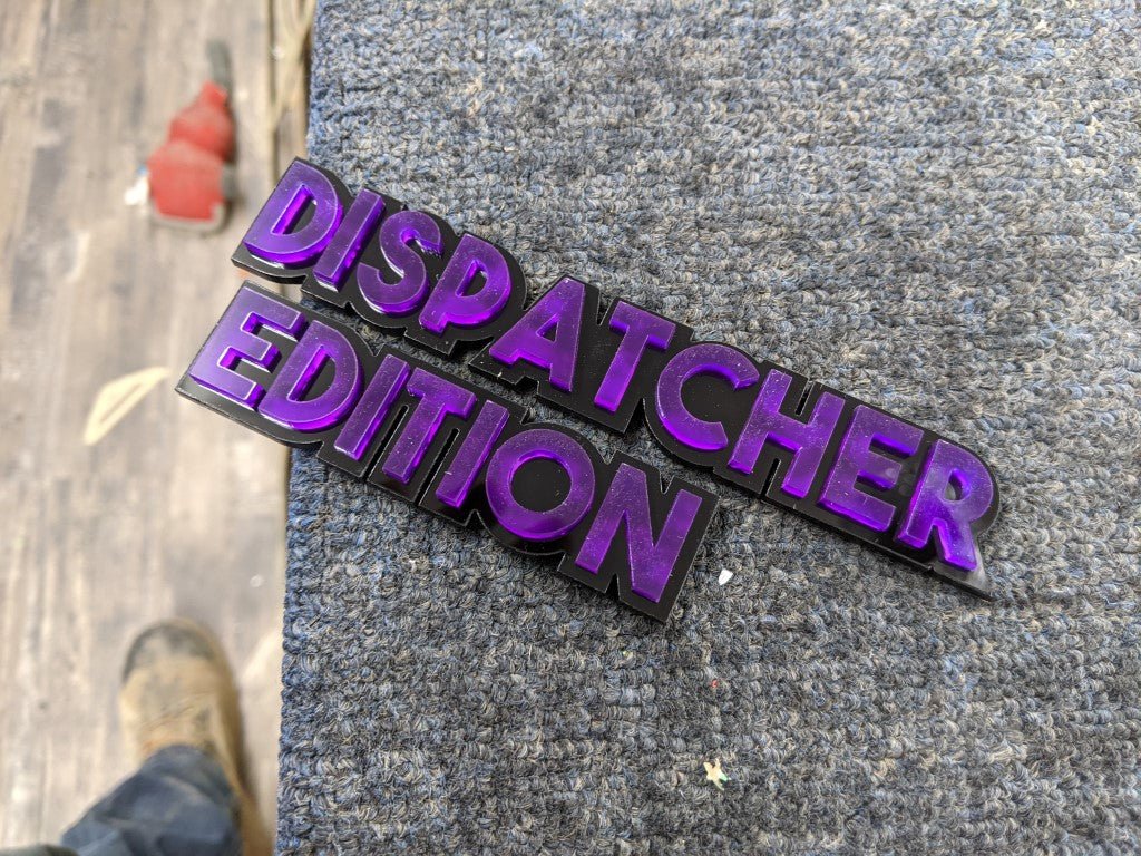 Dispatcher Edition Car Badge - Mirror Purple On Gloss Black - Block Font - Atomic Car Concepts