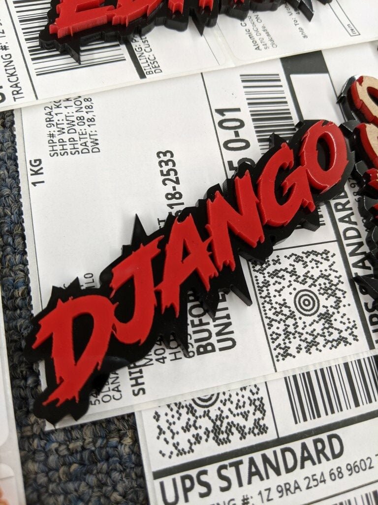 Django Car Badge - Red On Gloss Black - Lightning Font - Atomic Car Concepts