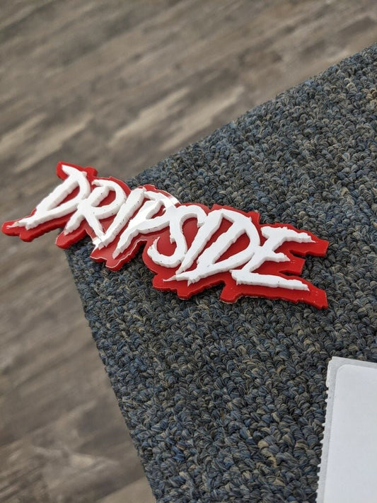 Dripside Car Badge - White On Red - Aggressive Font - Atomic Car Concepts