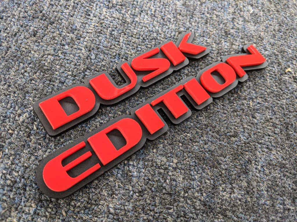 Dusk Edition Car Badge - Red On Matte Black - OEM Font - Atomic Car Concepts