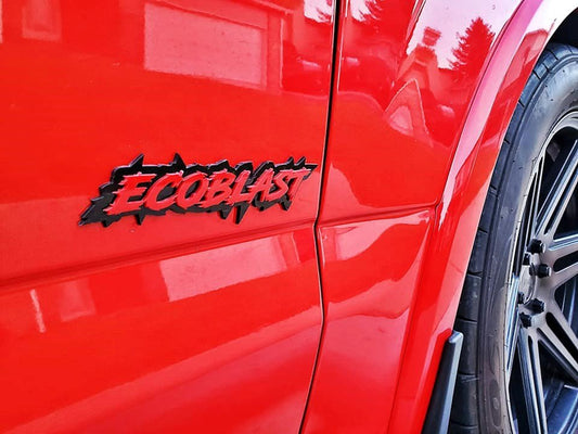 Ecoblast Car Badge - Red On Gloss Black - Lightning Font - Atomic Car Concepts