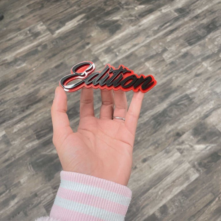 Edition Car Badge - Gloss Black On Red - Script Font - Atomic Car Concepts