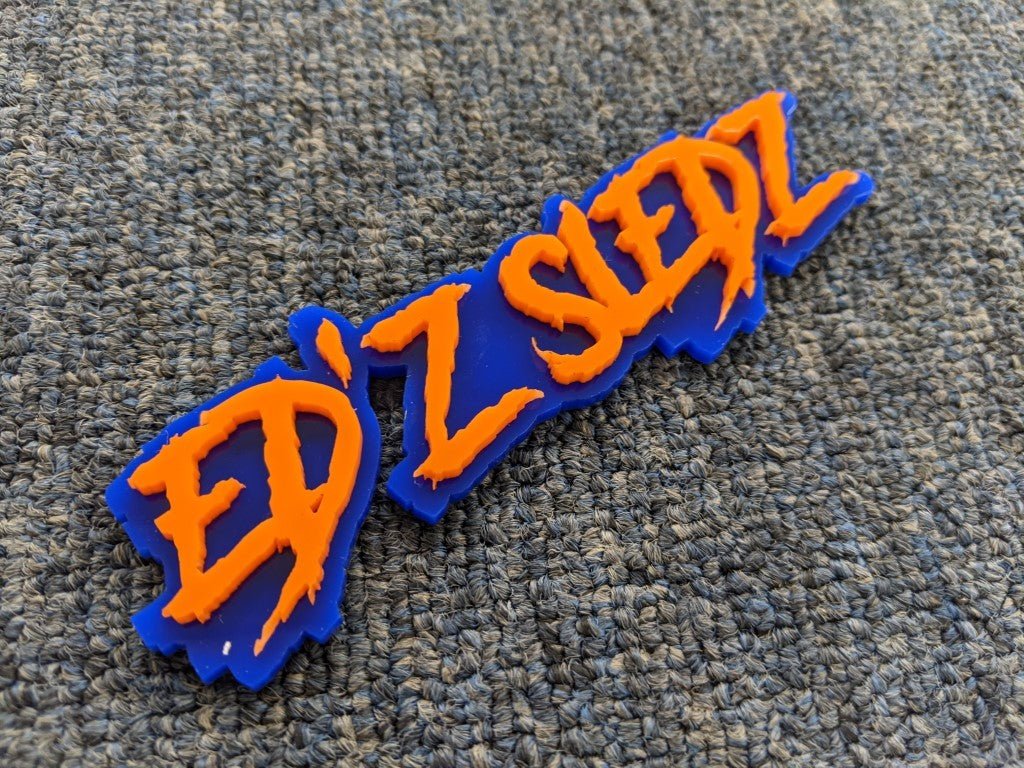 Edz Sledz Car Badge - Orange On Blue - Aggressive Font - Atomic Car Concepts