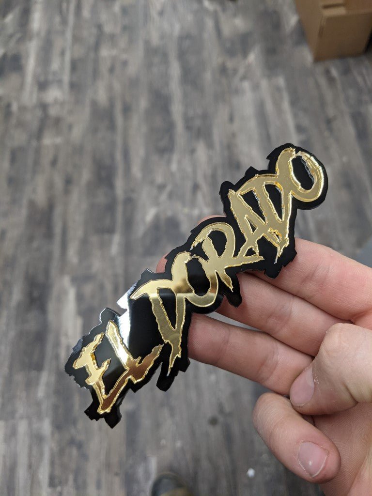 El Dorado Car Badge - Mirror Gold On Gloss Black - Aggressive Font - Atomic Car Concepts