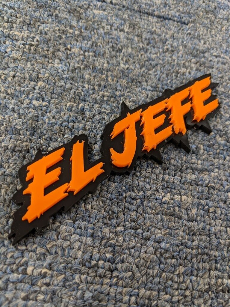 El Jefe Car Badge - Orange On Gloss Black - Lightning Font - Atomic Car Concepts