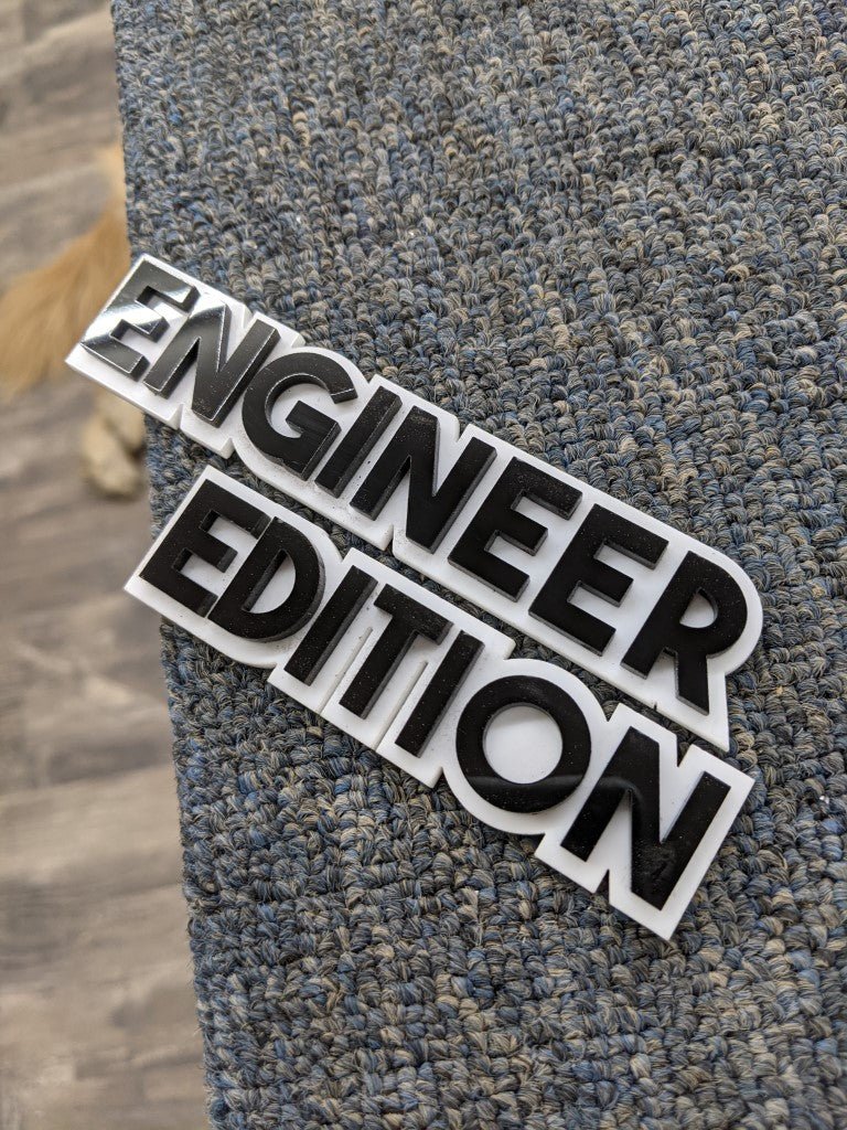 Endineer Edition Car Badge - Gloss Black On White - Block Font - Atomic Car Concepts