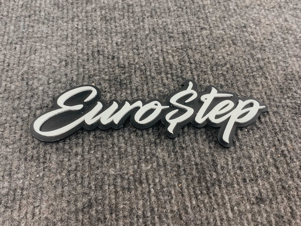 Eurostep Car Badge - White On Matte Black - Script Font