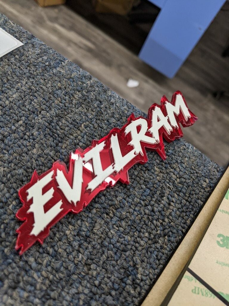 Evilram Car Badge - White On Mirror Red - Lightning Font - Atomic Car Concepts