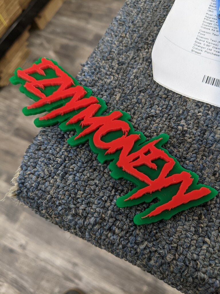 Ezyymoneyy Car Badge - Red On Green - Aggressive Font - Atomic Car Concepts