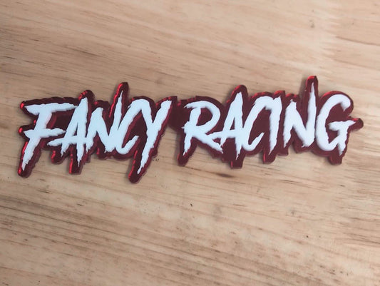 Fancy Racing Car Badge - White On Mirror Red - Aggressive Font