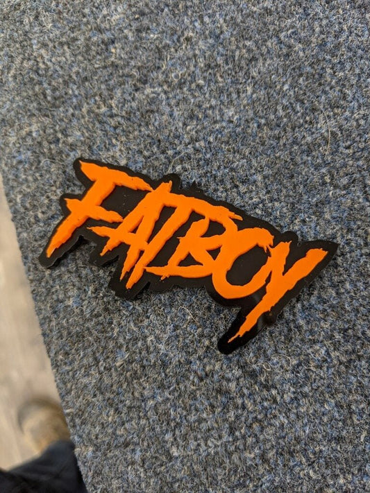 Fatboy Car Badge - Orange On Gloss Black - Aggressive Font - Atomic Car Concepts