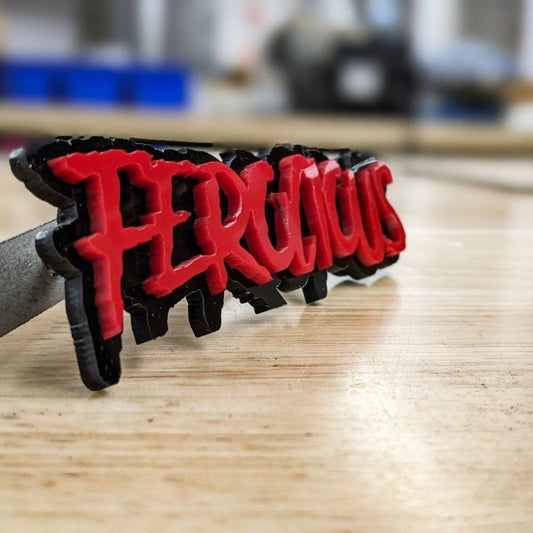 Ferocious Car Badge - Red on Gloss Black - Aggressive Font - Atomic Car Concepts