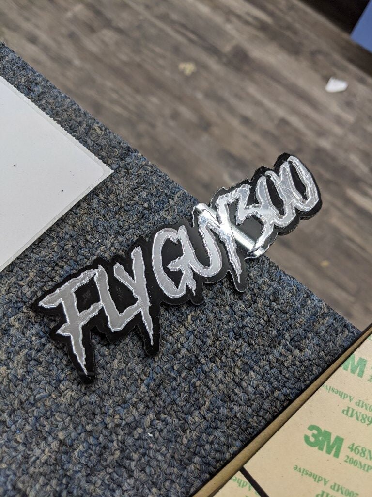 Fly Guy 300 Car Badge - Mirror Silver On Gloss Black - Aggressive Font