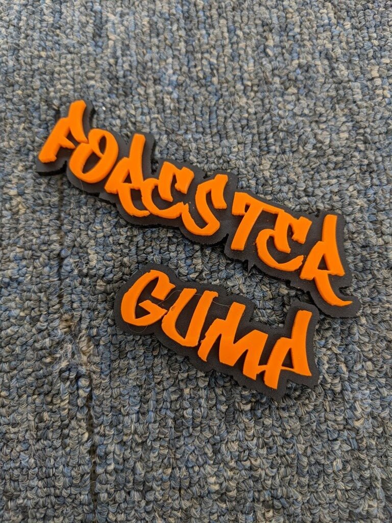 Forester Gump Car Badge - Orange On Matte Black - Graffiti Font