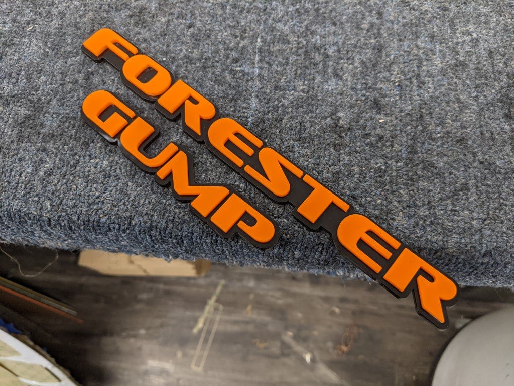 Forester Gump Car Badge - Orange On Matte Black - OEM Font - Atomic Car Concepts