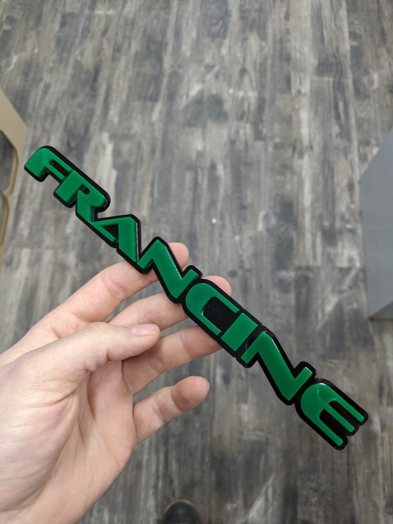 Francine Car Badge - Green On Gloss Black - OEM Font - Atomic Car Concepts