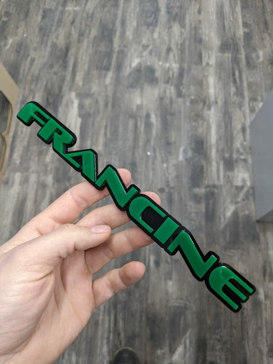 Francine Car Badge - Green On Gloss Black - OEM Font - Atomic Car Concepts