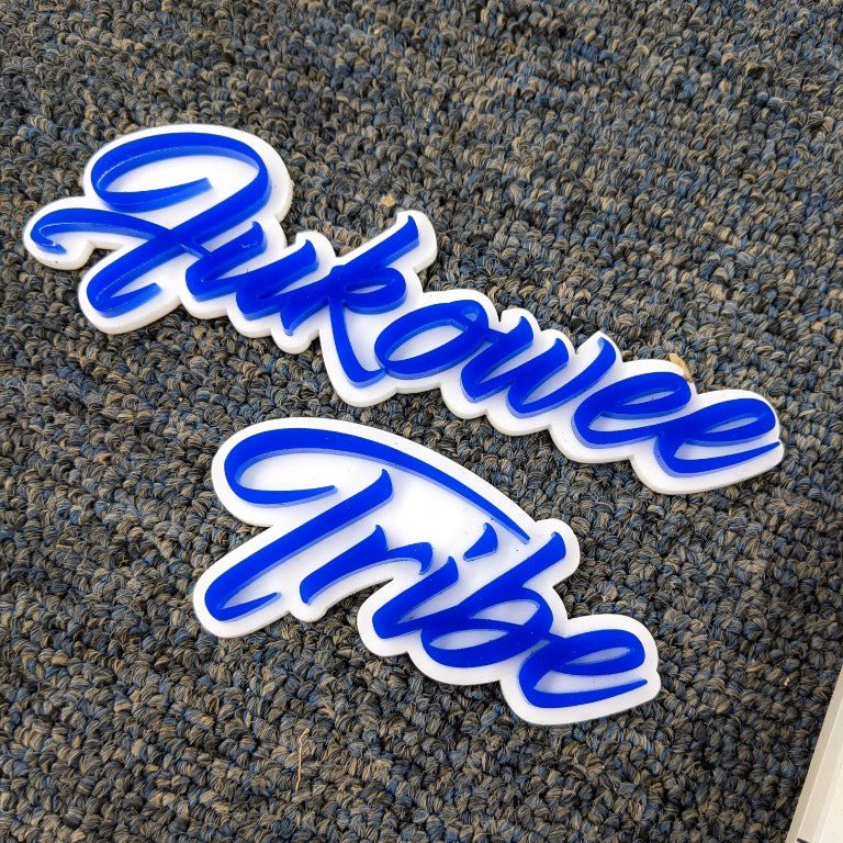 Fukowee Tribe Car Badge - Blue on White - Script Font - Tape Mounting