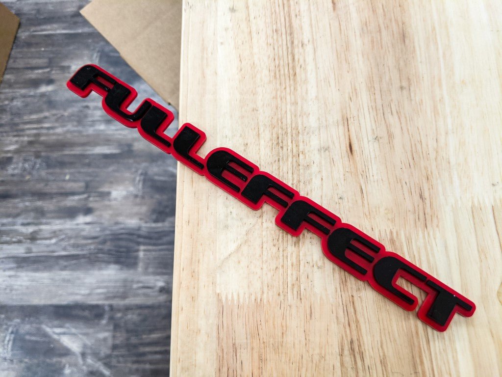 Fulleffect Car Badge - Gloss Black on Red - OEM Font - Tape Mounting