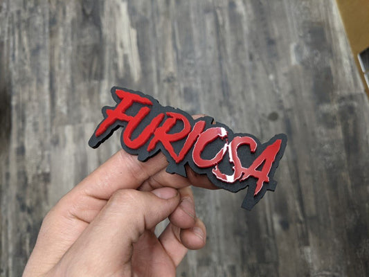 Furiosa Car Badge - Red on Matte Black - Aggressive Font - Tape Mounting