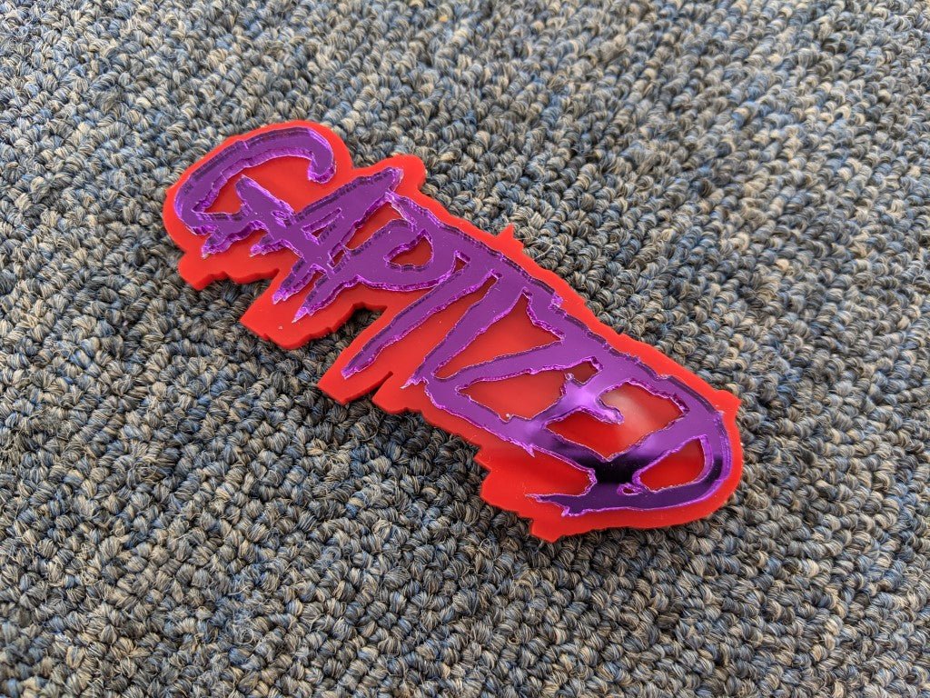 Gaptized Car Badge - Mirror Purple On Red - Aggressive Font