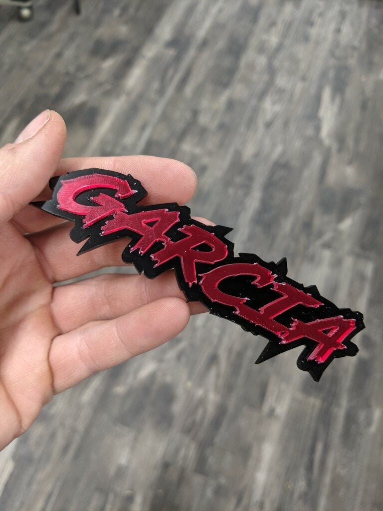 Garcia Car Badge - Mirror Red On Gloss Black - Lightning Font - Atomic Car Concepts