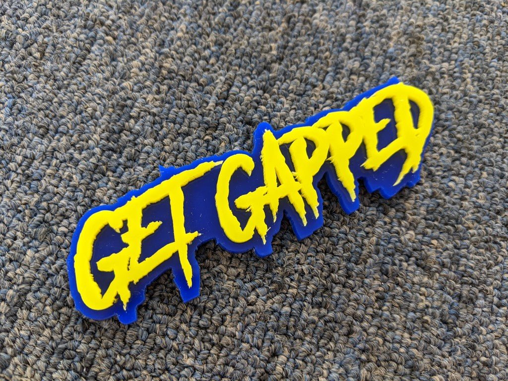 Get Gapped Car Badge - Yellow On Blue - Aggressive Font