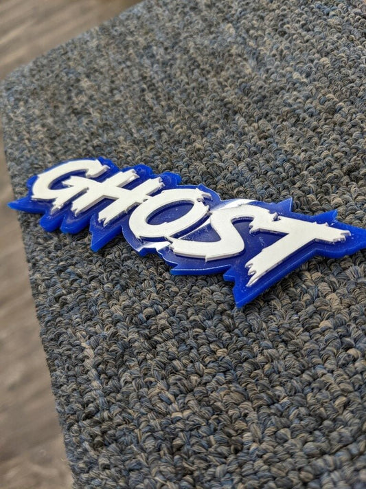 Ghost Car Badge - White On Blue - Lightning Font