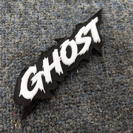 Ghost Car Badge - White on Gloss Black - Lightning Font - Tape Mounting