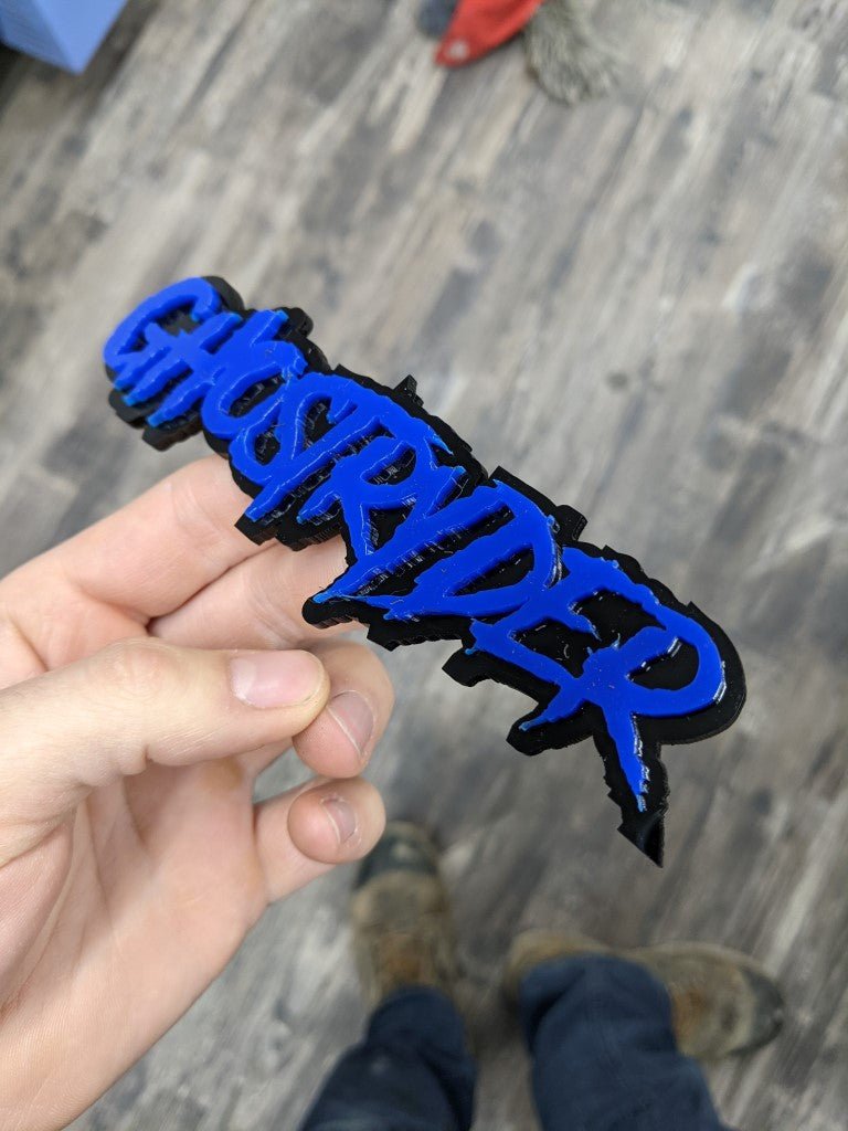 Ghostryder Car Badge - Blue On Gloss Black - Aggressive Font - Atomic Car Concepts