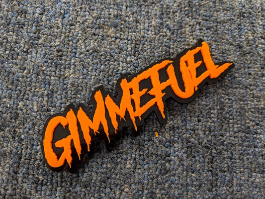 Gimmefuel Car Badge - Orange on Gloss Black - Aggressive Font - Tape Mounting - Atomic Car Concepts