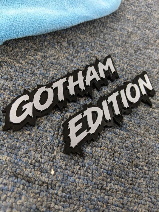 Gotham Edition Car Badge - Brushed Silver On Gloss Black - Lightning Font