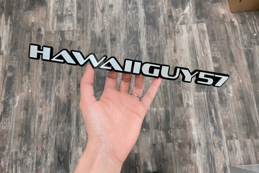 Hawaiiguy57 Car Badge - White On Gloss Black - OEM Font - Atomic Car Concepts