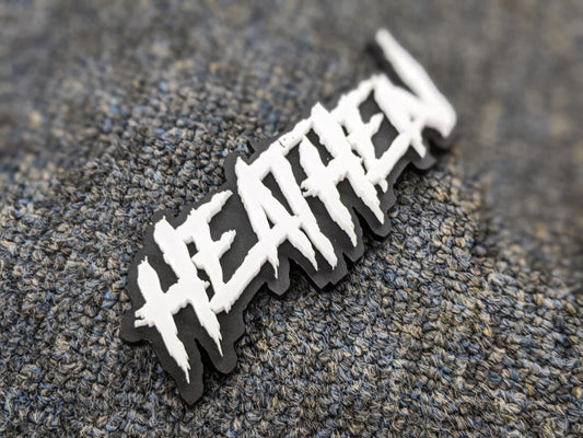 Heathen Car Badge - White on Matte Black - Aggressive Font - Tape Mounting