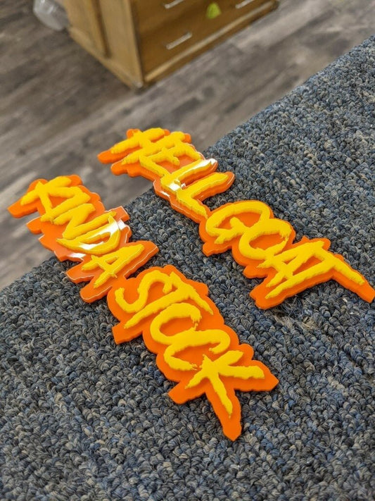 Hell Goat and Kinda Stock Car Badge - Yellow on Orange - Aggressive Font - Tape Mounting