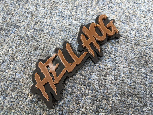 Hell Hog Car Badge - Brown on Gloss Black - Aggressive Font - Tape Mounting